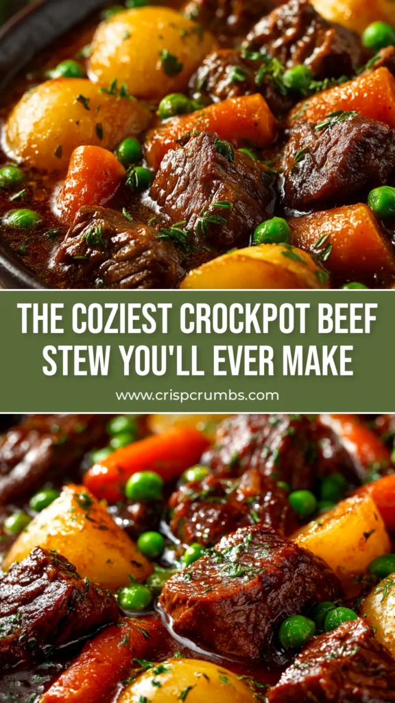 A close-up shot of a white bowl filled with hearty Crockpot Beef Stew, garnished with fresh parsley. The stew has tender beef, carrots, and potatoes in a rich gravy.