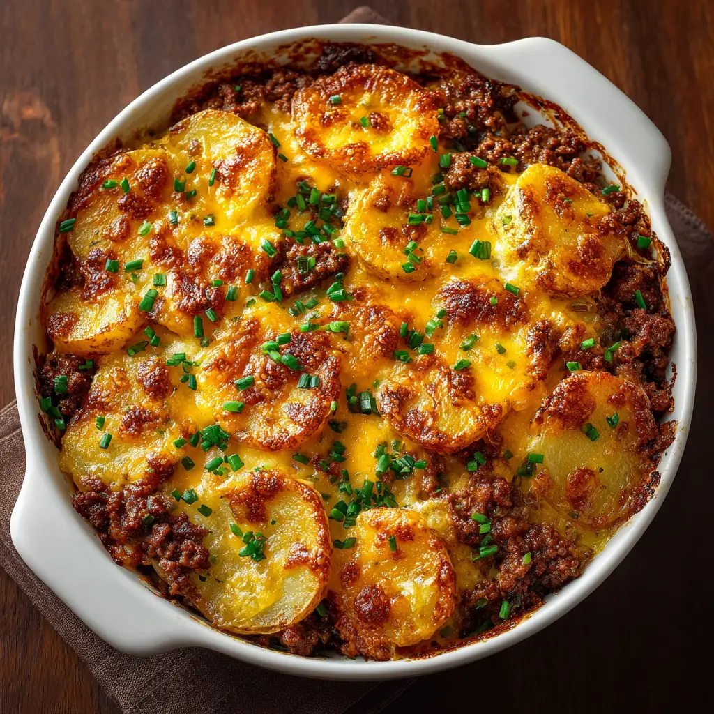 A close-up shot of the hearty beef and potato bake simmering in the slow cooker, with visible chunks of carrots and celery in a savory sauce.