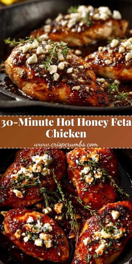 A skillet of delicious Hot Honey Feta Chicken, garnished with fresh parsley and creamy feta cheese. The chicken has a golden-brown glaze.