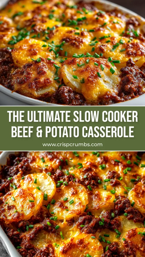 A delicious bowl of Slow Cooker Beef and Potato Casserole, showing tender chunks of beef, potatoes, and carrots in a rich gravy, garnished with fresh parsley.