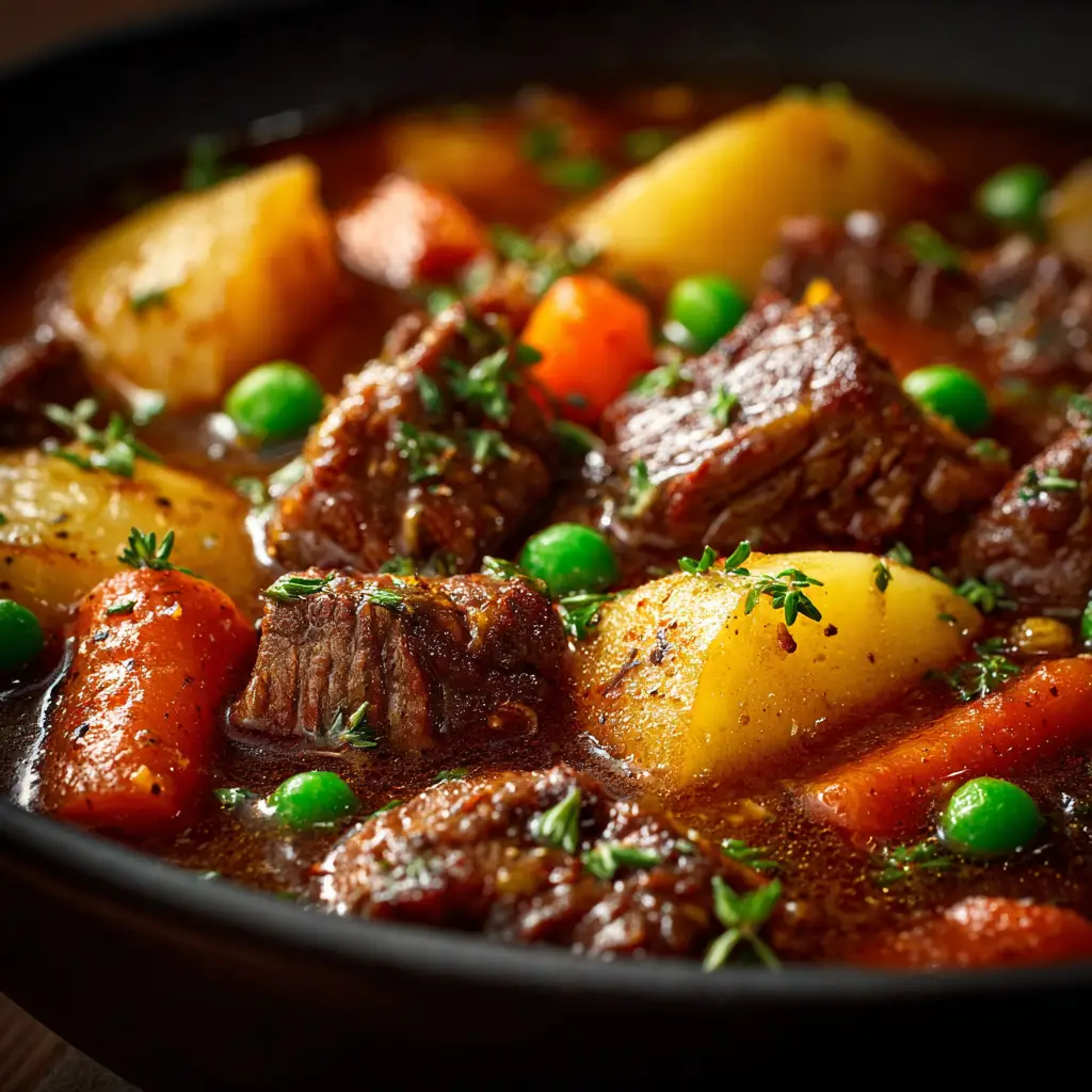 An overhead view of a slow cooker filled with beef stew, showing the chunks of beef, carrots, celery, and potatoes before being cooked.