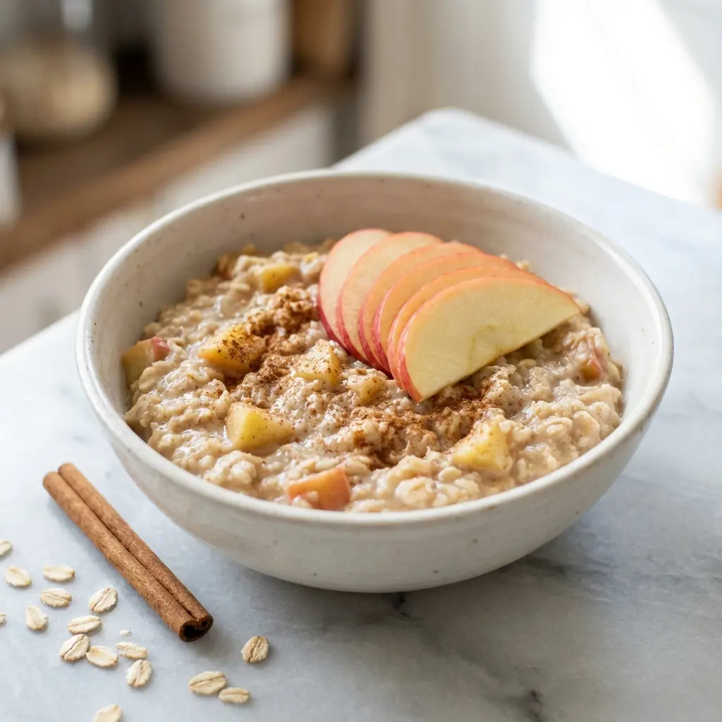 A close-up shot of a bowl of apple cinnamon oatmeal without sugar, garnished with fresh apple slices.