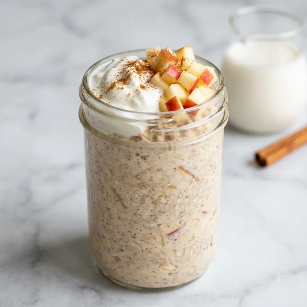 A glass jar of creamy apple cinnamon overnight oats topped with fresh apple and a sprinkle of cinnamon.