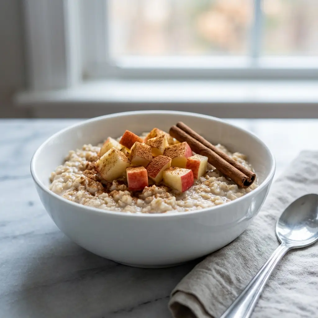 A close-up, elevated shot of a white bowl filled with creamy apple cinnamon steel cut oats, garnished with diced apples and a cinnamon stick.