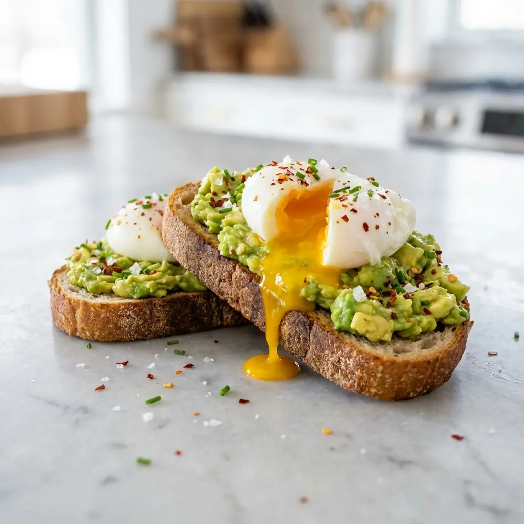 A close-up of two slices of avocado toast with a perfectly poached egg on top, with one yolk cut open and running down.