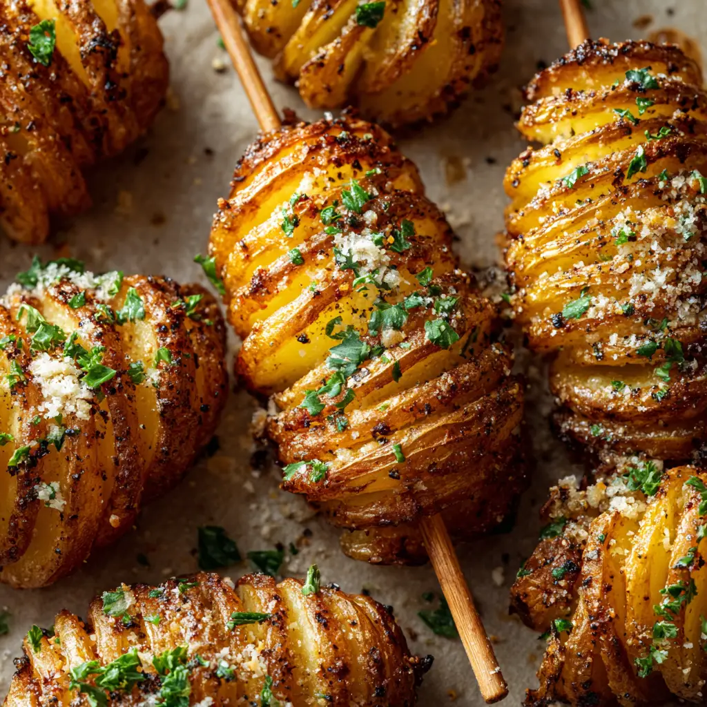 A platter of golden-brown baked tornado potatoes on skewers, garnished with fresh parsley.