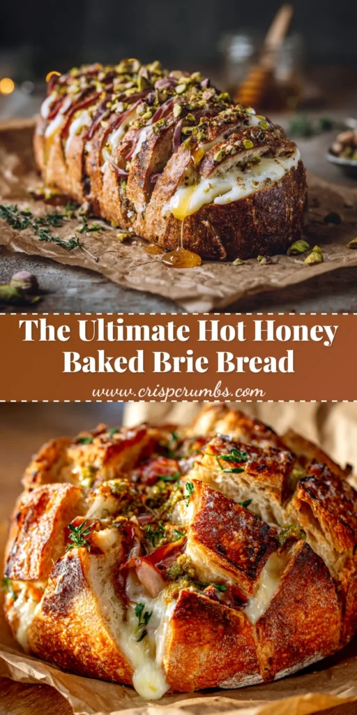A stunning overhead view of a loaf of Brie Cheese Bread, with the top cut open to reveal gooey, melted brie cheese inside. Perfect for pinning.