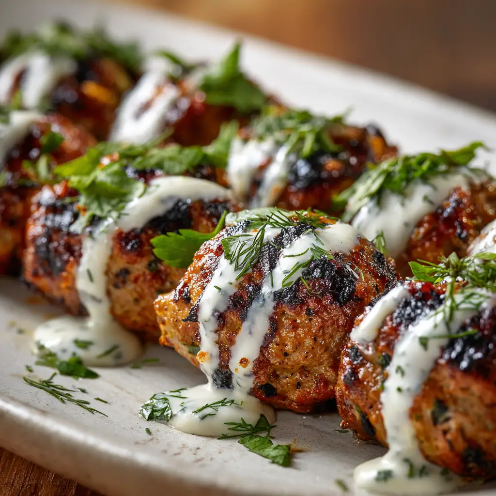 A bowl of ingredients for homemade chicken kofta, including ground chicken, chopped herbs, and spices before being mixed.