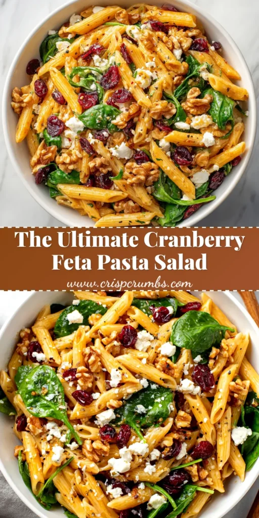A large white bowl of cranberry feta pasta salad with a serving spoon, ready to be shared. The perfect holiday pasta salad.