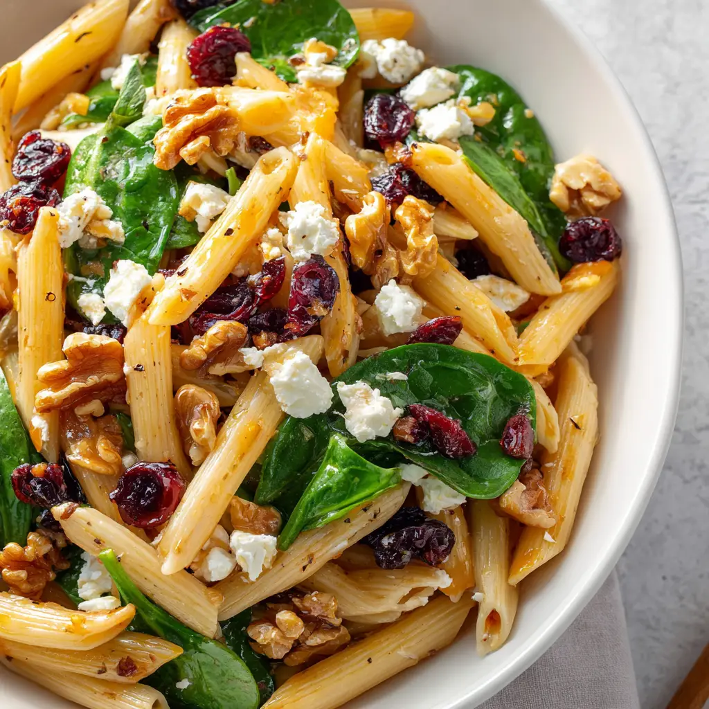 A single serving of the holiday pasta salad with feta and cranberries on a white plate, ready to be eaten.