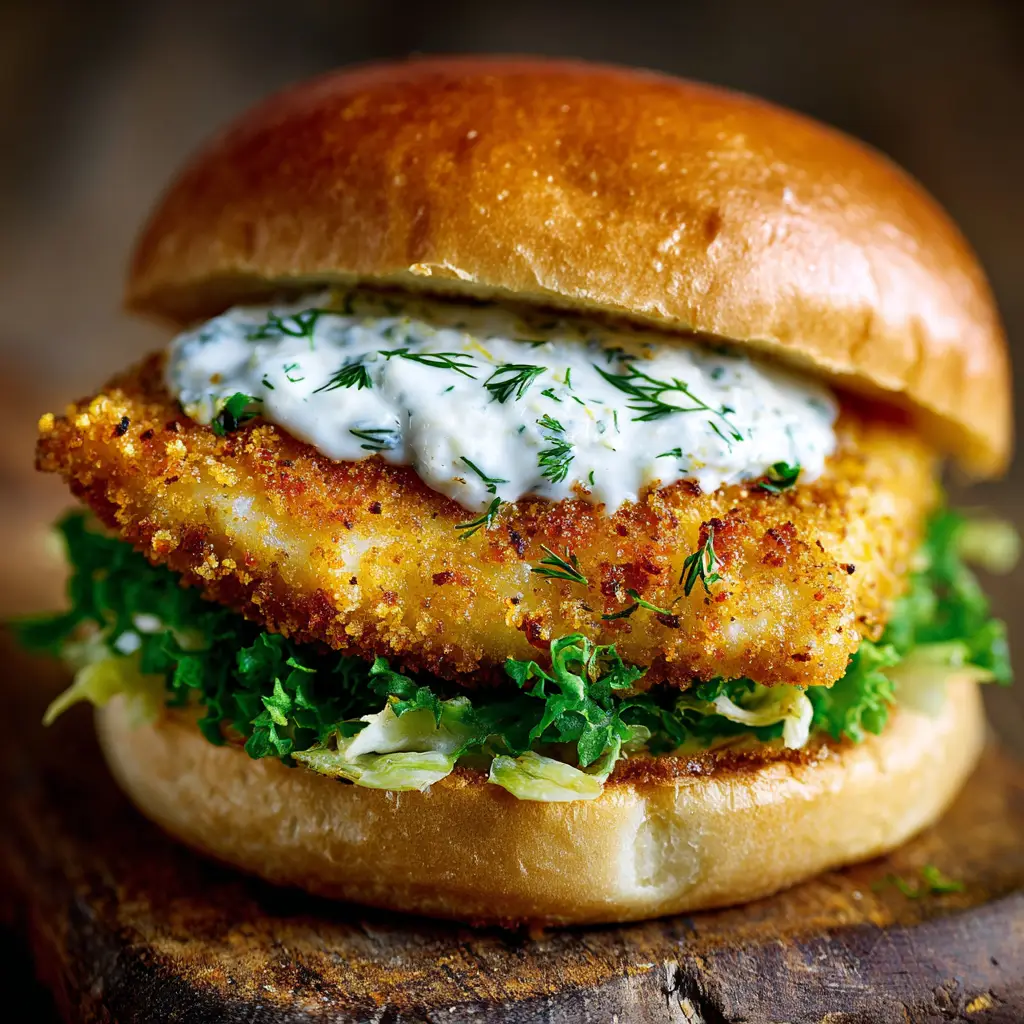 A close-up shot of the finished crispy fish sandwich, cut in half to show the flaky cod interior and layers of sauce and lettuce.