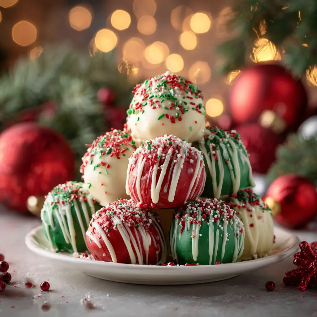 A tray of finished No-Bake Christmas Cheesecake Bites being decorated with a drizzle of white chocolate and holiday sprinkles.