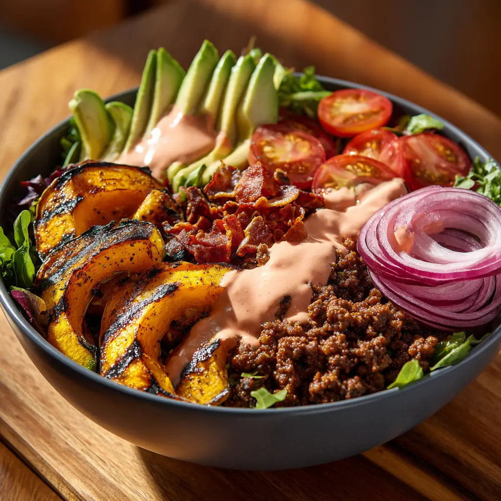A process shot showing the fresh ingredients for the burger bowl—lettuce, tomatoes, onions, pickles—chopped and ready to be assembled.