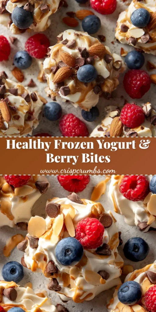 A close-up overhead shot of homemade frozen yogurt bites, topped with fresh berries and chocolate chips. The perfect healthy and easy snack idea.