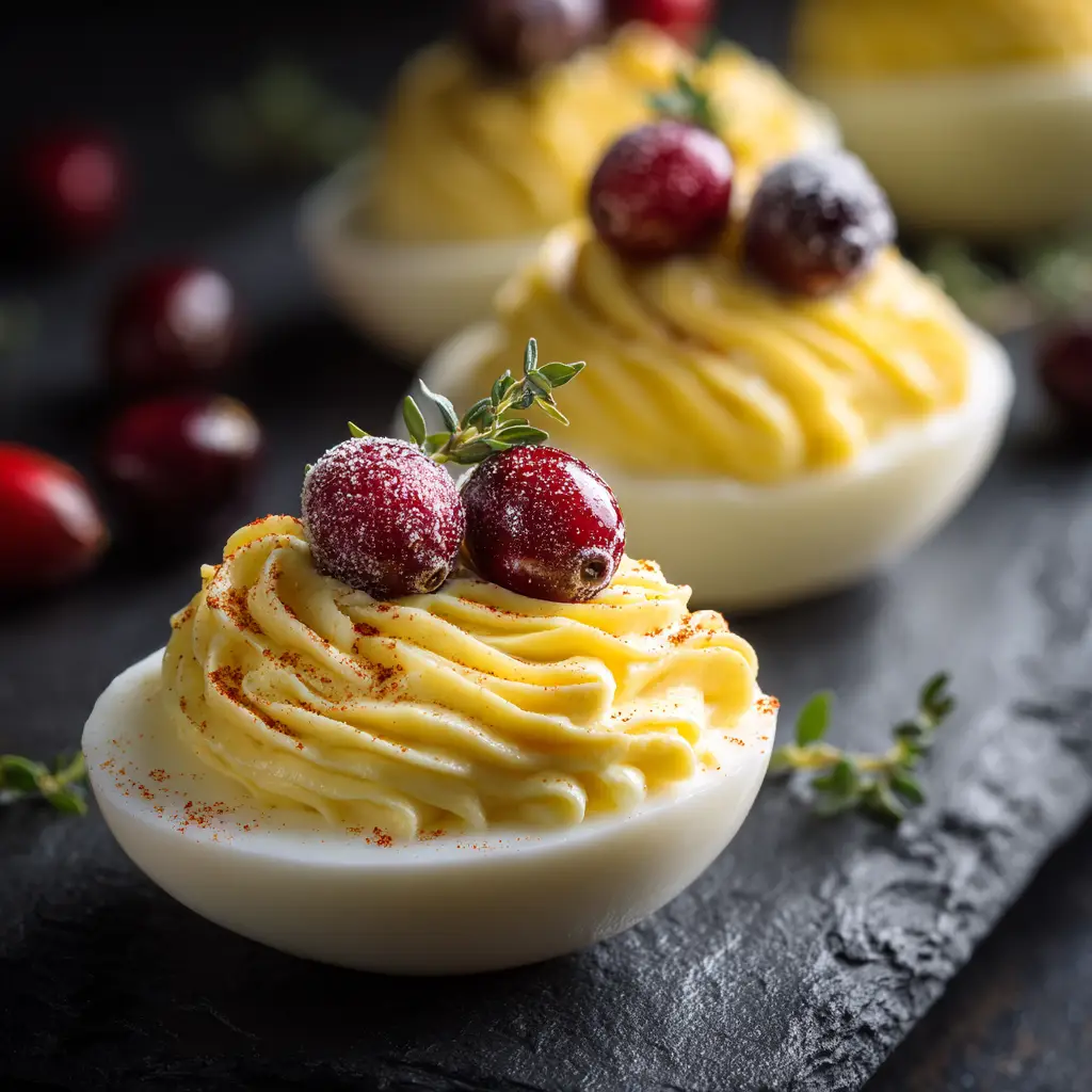 A close-up shot of Cranberry Deviled Eggs on a dark slate platter. The creamy piped yolk filling is topped with a dollop of homemade cranberry sauce.