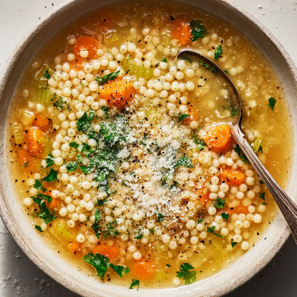 An overhead view of a rustic white ceramic bowl filled with steaming pastina soup, showing the tiny star-shaped pasta in a rich, golden broth.