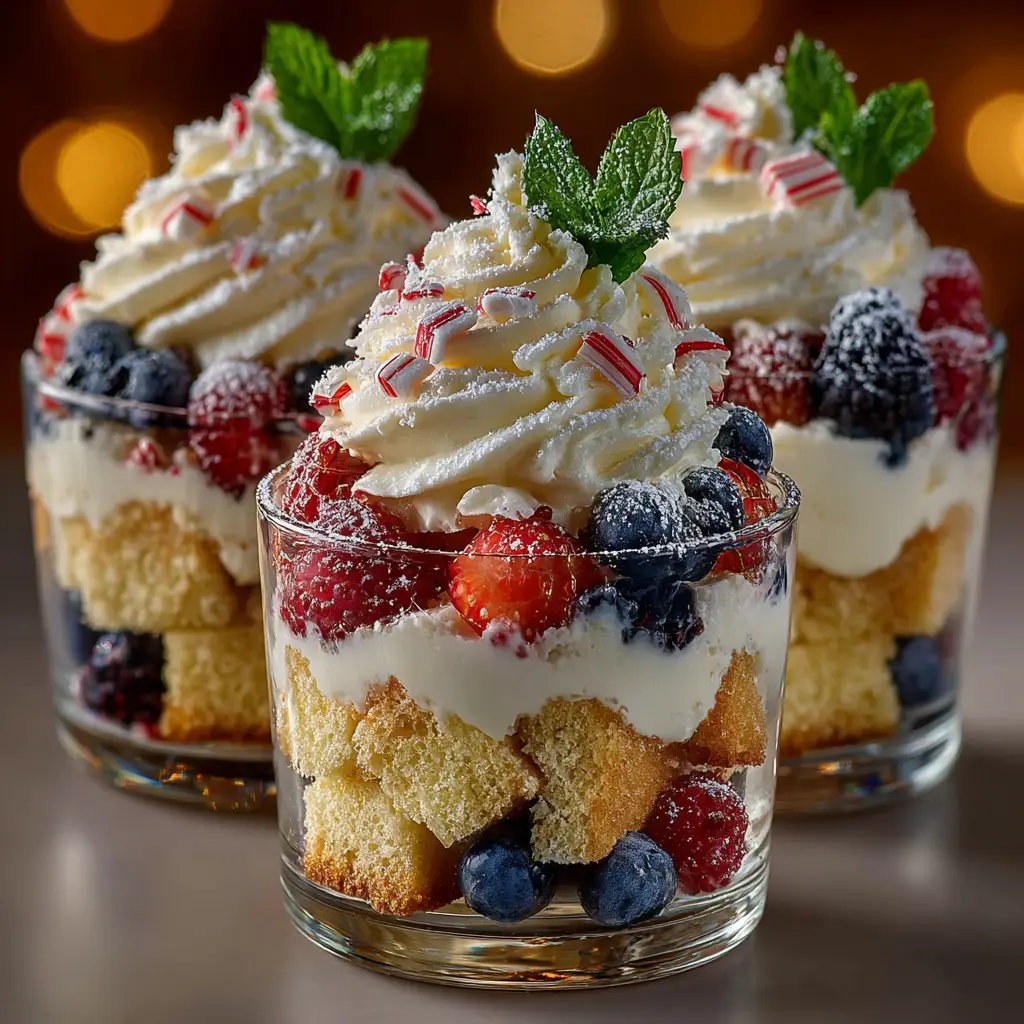 Individual portions of Christmas trifle served in small glasses, showcasing the distinct, colorful layers of the festive dessert.