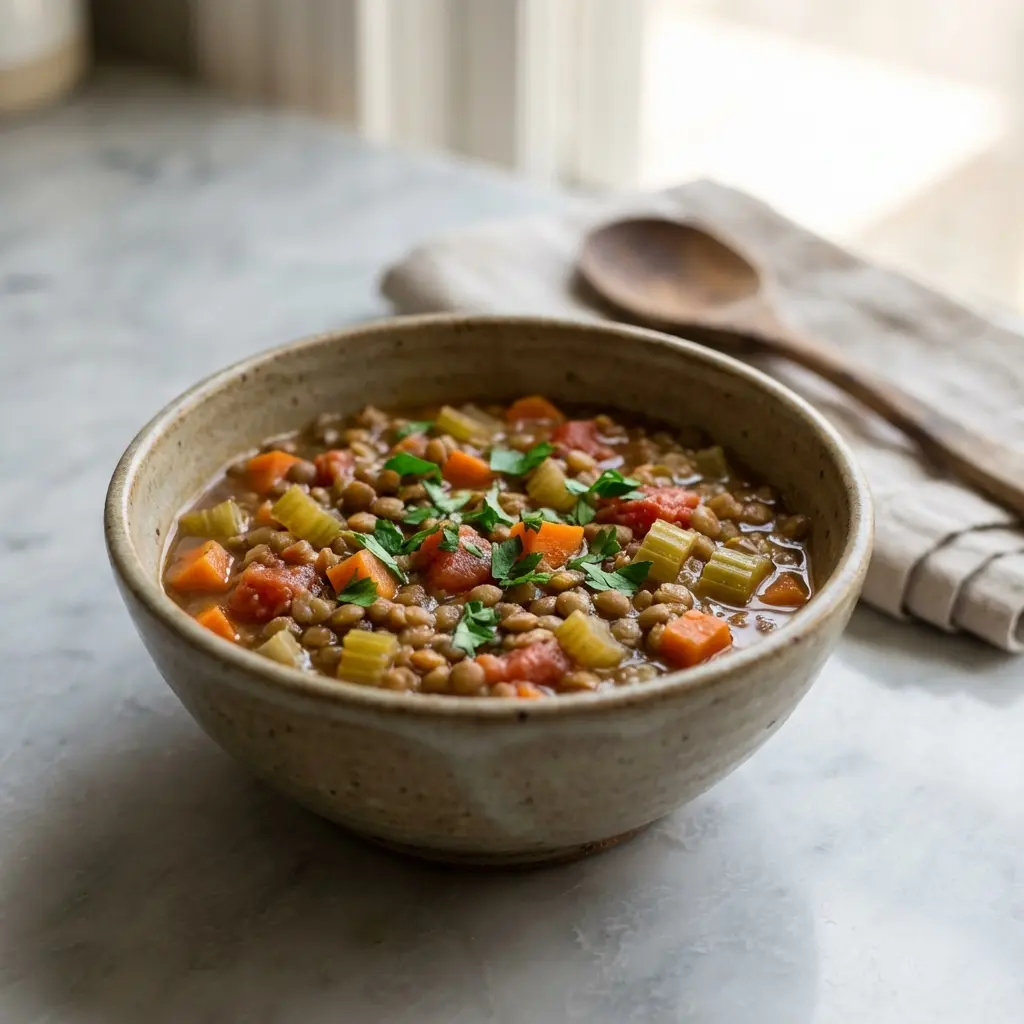 A close-up shot of a bowl of homemade lentil vegetable soup, garnished with fresh herbs.