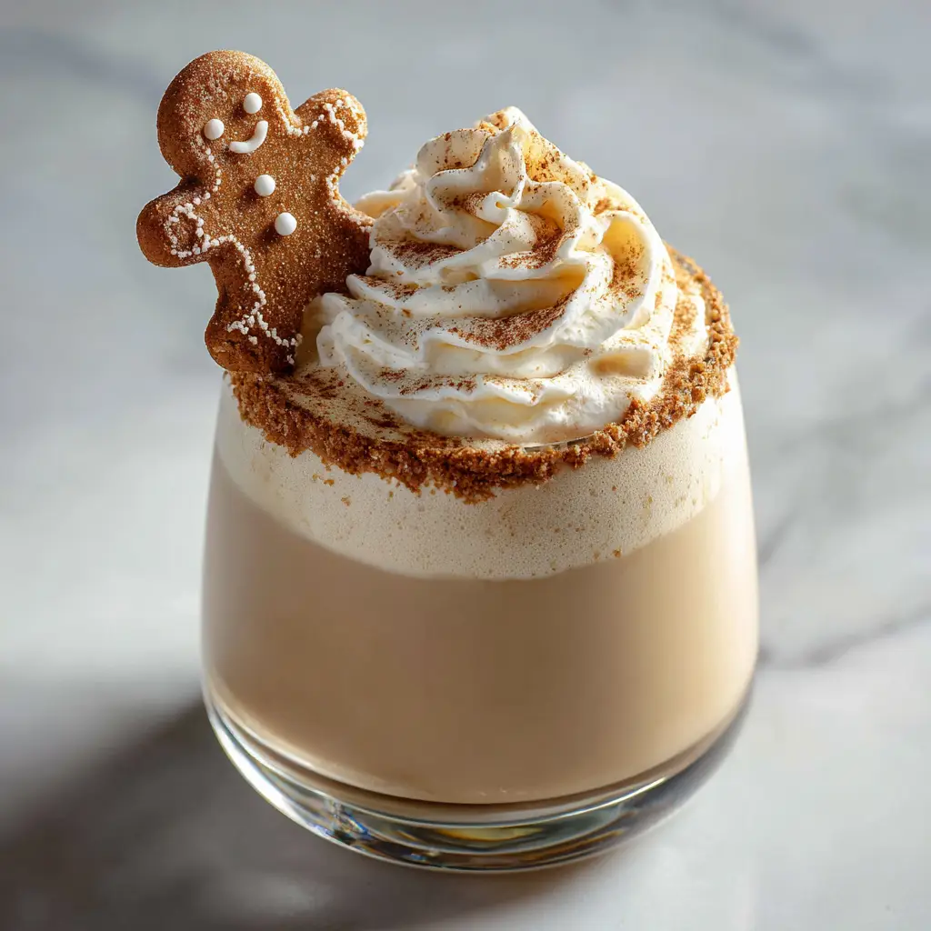 A bartender pouring a freshly shaken gingerbread cocktail into a chilled coupe glass, showcasing the drink's rich color and texture.