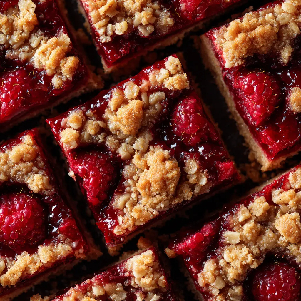 The process of making raspberry crumble bars, showing the raspberry filling being spread over the shortbread crust in a baking pan.