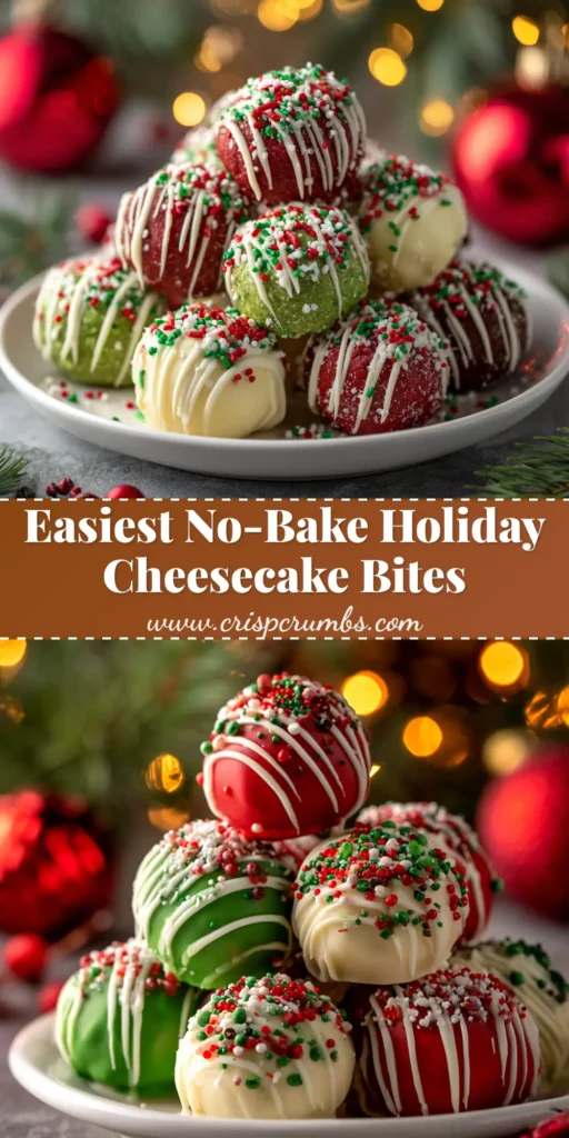 A platter of No-Bake Christmas Cheesecake Bites decorated with crushed peppermint and festive sprinkles, ready for a holiday party.
