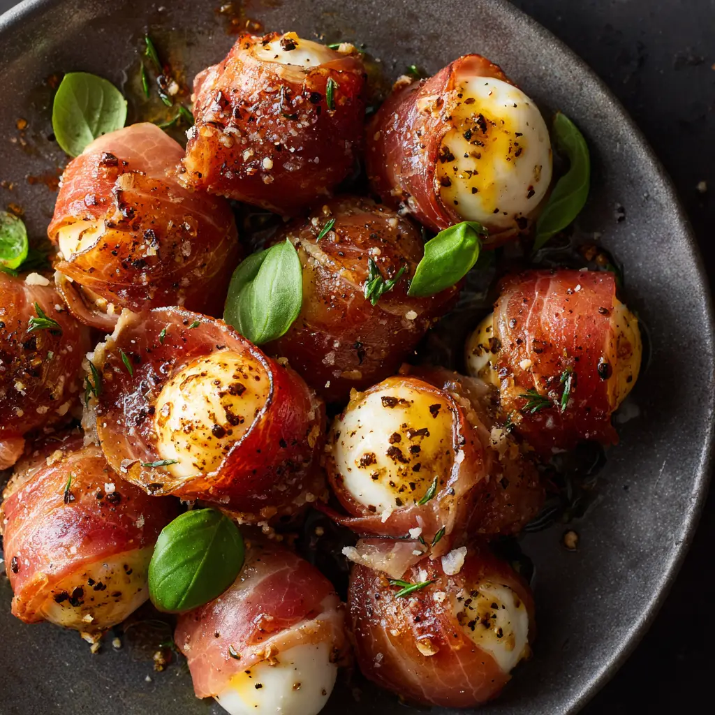 A detailed shot of pan-fried Prosciutto Wrapped Mozzarella showing the crispy texture of the prosciutto and a garnish of fresh basil leaves.