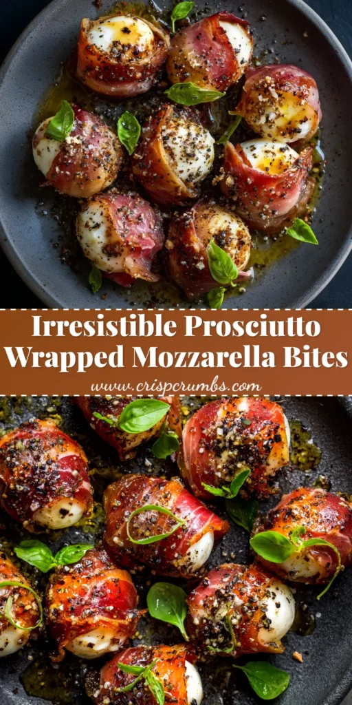 A close-up overhead shot of golden-brown Prosciutto Wrapped Mozzarella bites on a serving platter, drizzled with balsamic glaze and garnished with fresh basil. The perfect easy appetizer recipe.