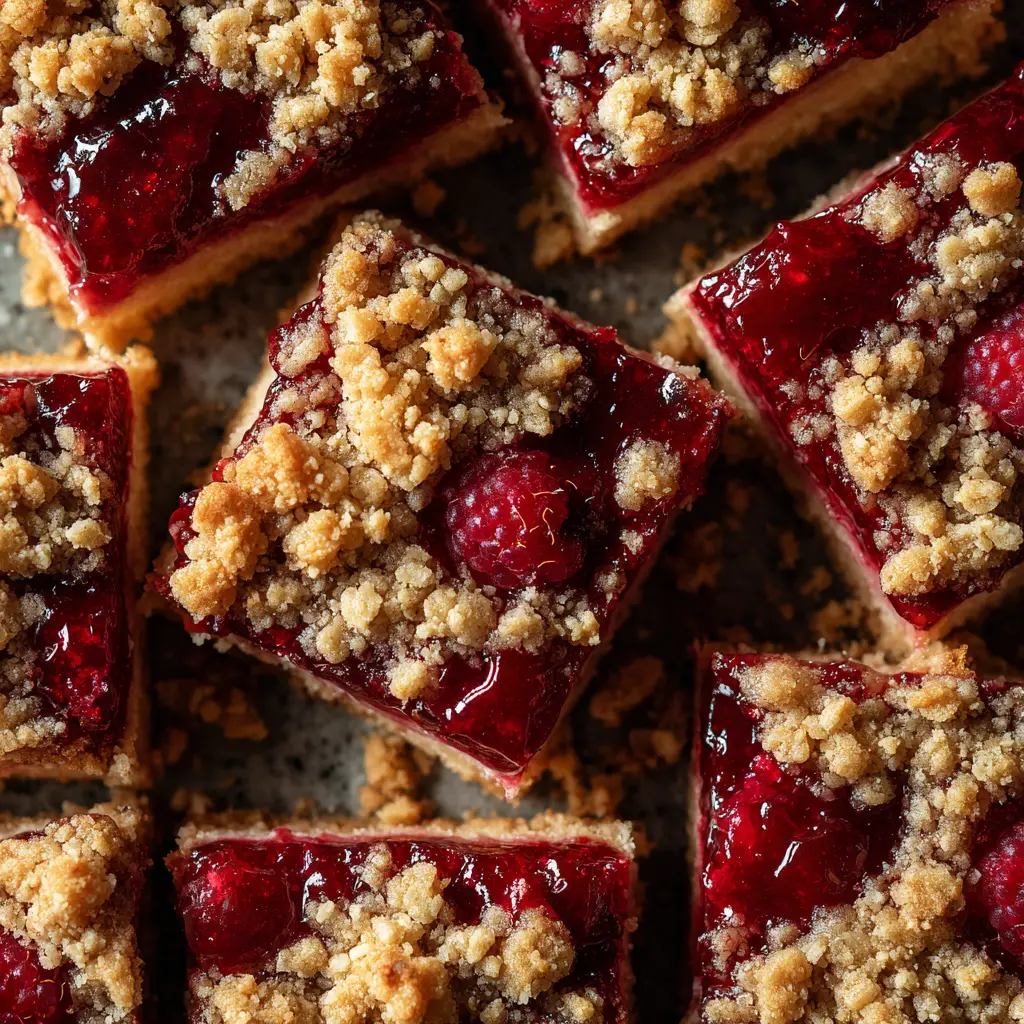 A close-up shot of a single raspberry crumble bar on a white plate, highlighting the crumbly texture of the oat topping and the juicy berry layer.