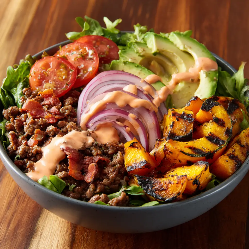 A close-up shot of the seasoned ground beef for the burger bowl sizzling in a skillet, perfectly browned and ready for assembly.