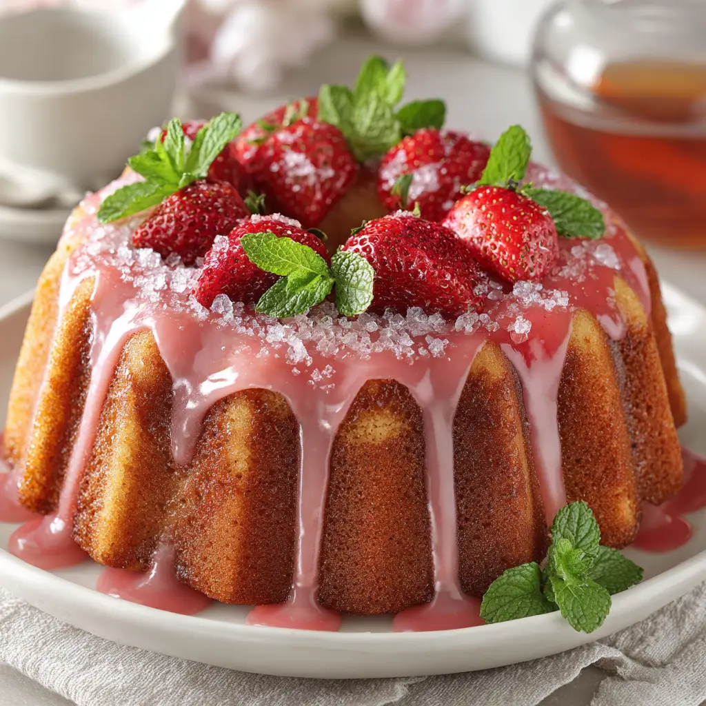 A close-up slice of moist strawberry pound cake on a plate, revealing the tender crumb and generous pieces of fresh strawberries inside.