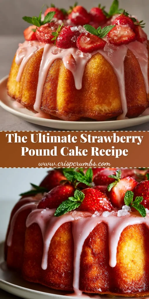 A beautiful strawberry pound cake on a cake stand, drizzled with vanilla glaze and garnished with fresh strawberries. The perfect summer dessert recipe.