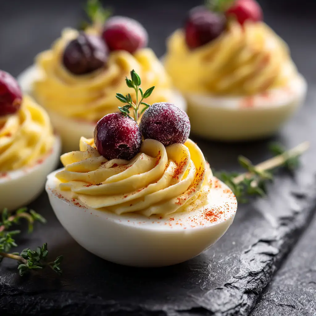 A serving tray of Thanksgiving deviled eggs with a cranberry topping, garnished with fresh rosemary for a festive look.