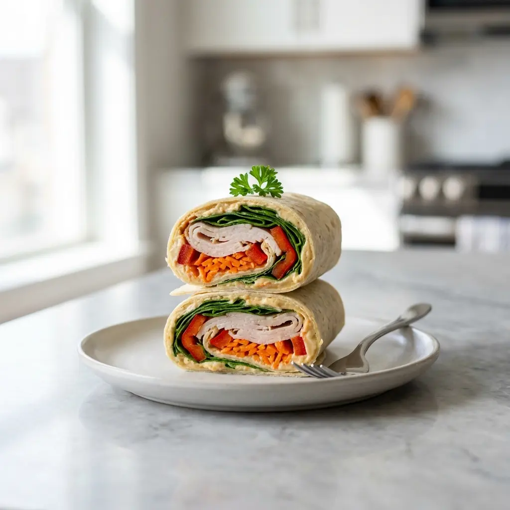 A healthy turkey hummus veggie wrap sliced in half, showing fresh vegetables and turkey inside.