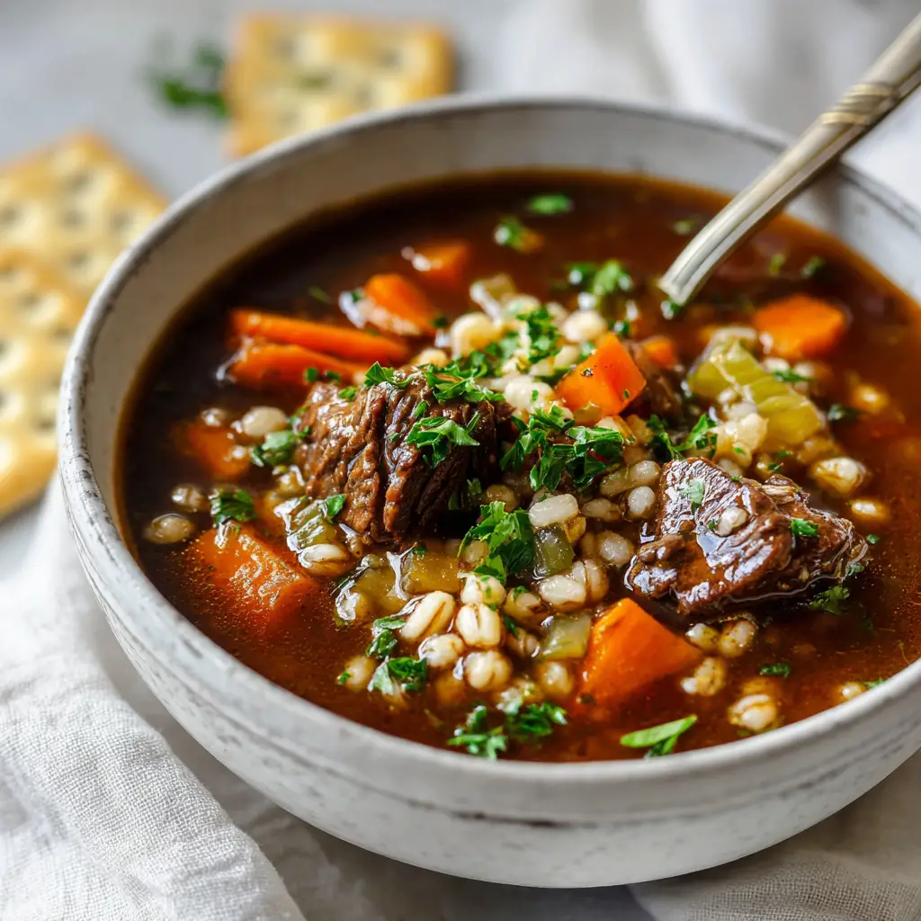 A step-by-step image showing sautéed carrots, onions, and celery in a Dutch oven, forming the aromatic base for the beef barley vegetable soup.