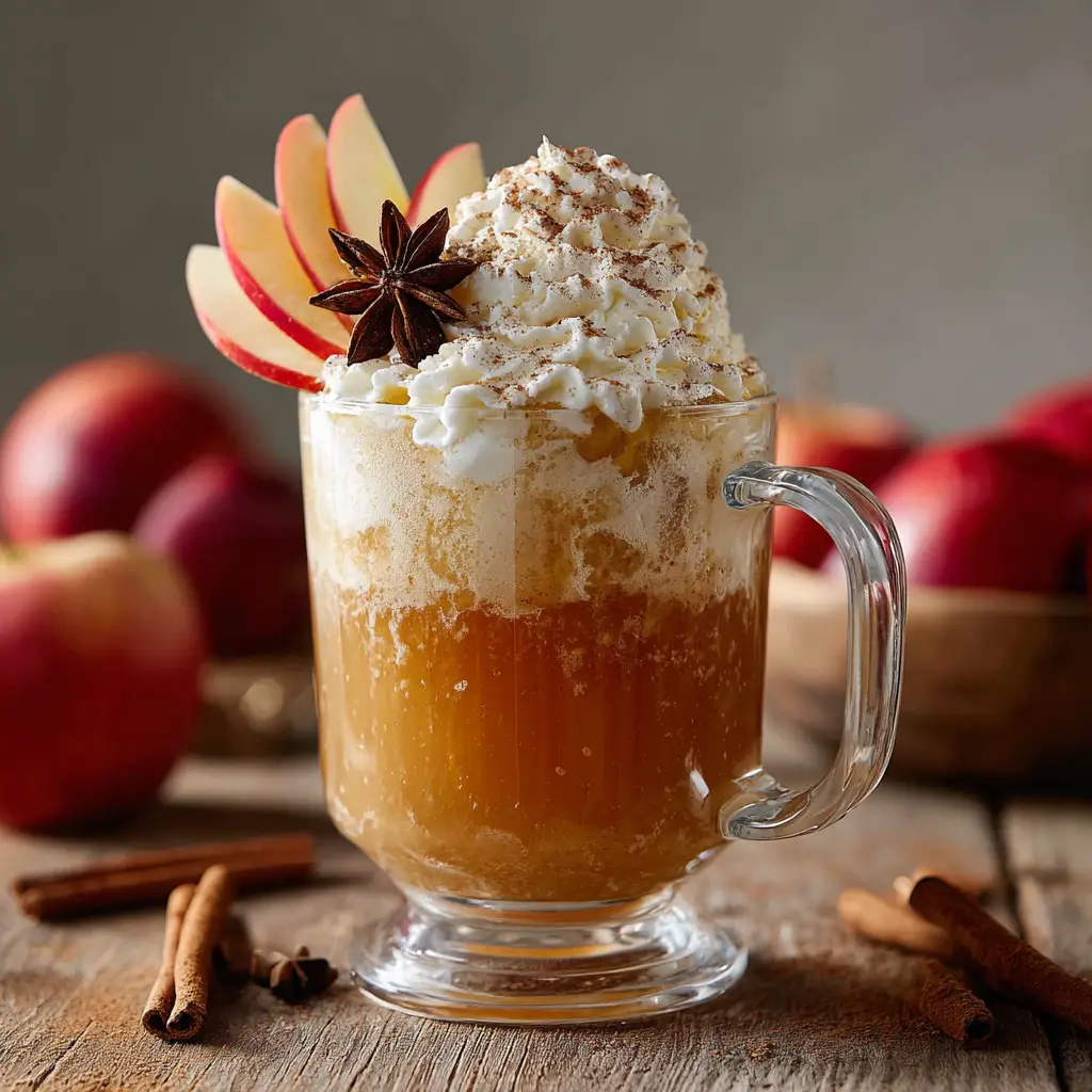 A close-up view of a caramel apple cider float, showing the fizzy texture where the cold cider meets the creamy vanilla ice cream.