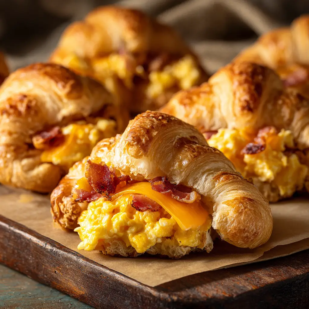 Several cheesy sausage crescent rolls arranged on a white plate, ready to be served for a delicious breakfast.