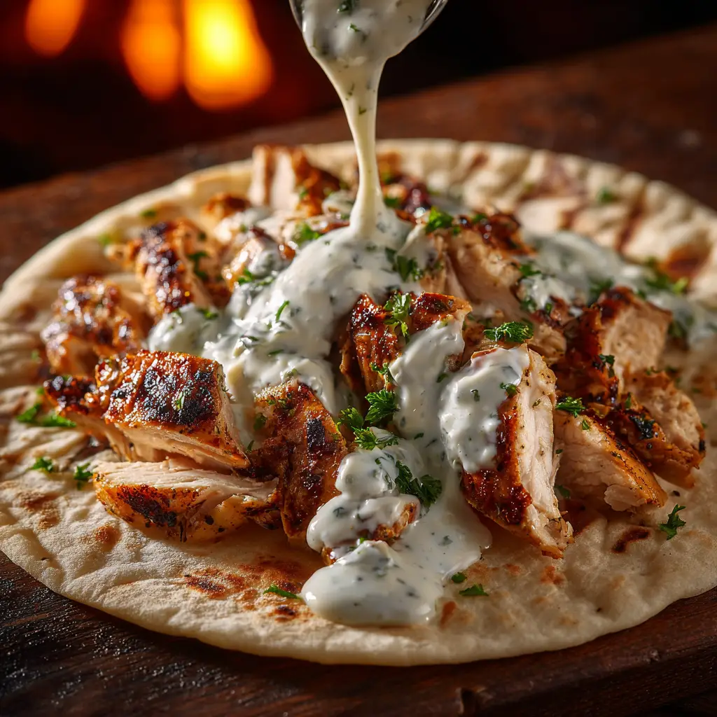 A bowl of spiced chicken shawarma marinade with raw chicken thighs being mixed in, ready for chilling.