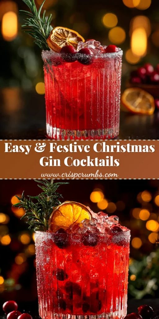 A beautiful overhead shot of three distinct Christmas gin cocktails on a rustic wooden board, garnished with rosemary, cranberries, and orange slices. Perfect for Pinterest.