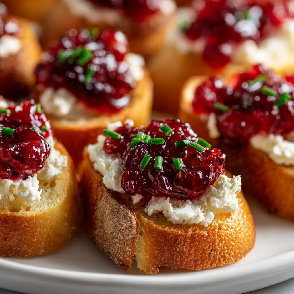 An extreme close-up of a single piece of cranberry pepper jelly crostini, showing the creamy cheese and glistening jelly.