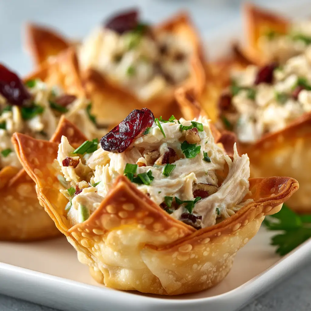 A shot of the creamy chicken salad being mixed in a bowl before being added to the baked wonton cups.