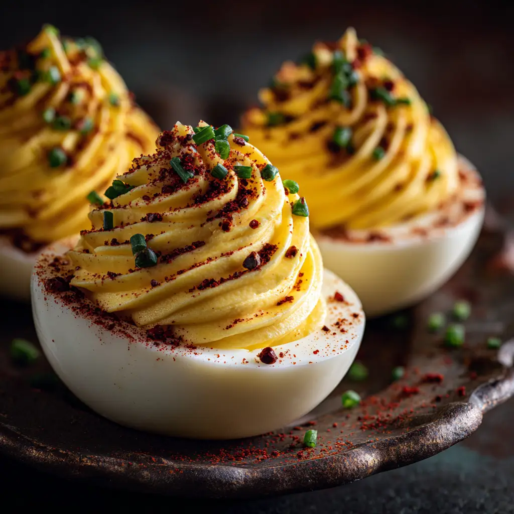 An extreme close-up shot of a perfectly filled Million Dollar Deviled Egg, highlighting the smooth, creamy texture of the yolk filling and paprika garnish.