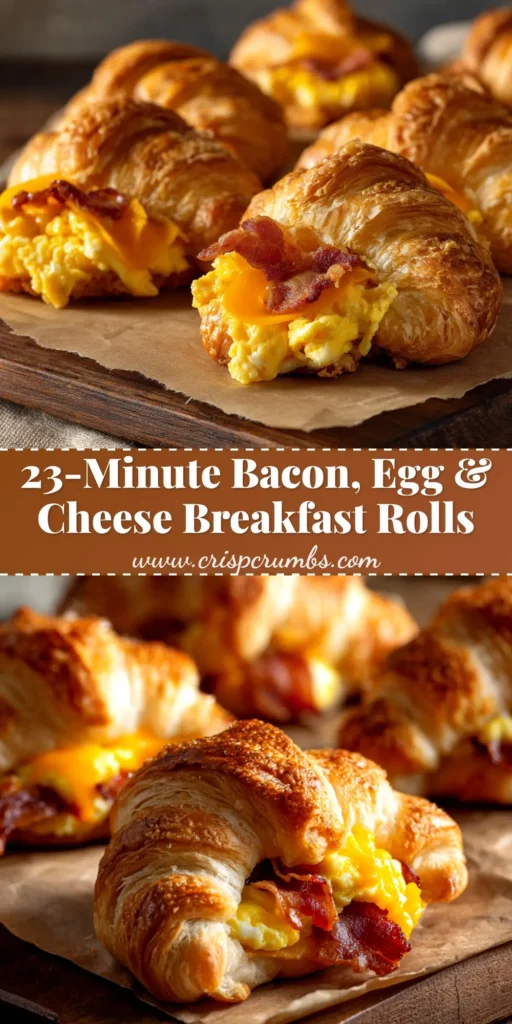 A close-up of golden brown breakfast crescent rolls on a baking sheet, with a text overlay for 'Easy Breakfast Crescent Rolls'.