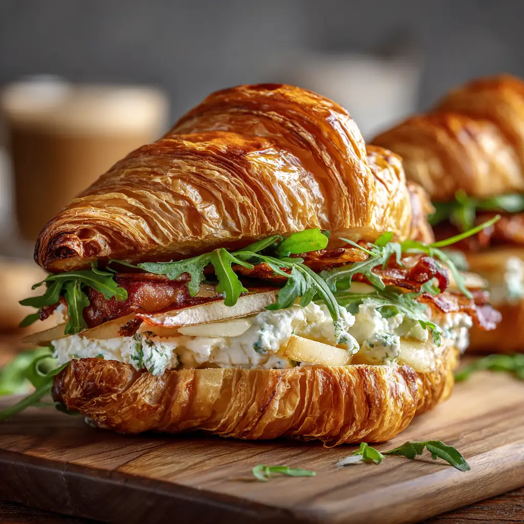 An extreme close-up of a flaky apple goat cheese croissant, showing the layers of pastry and the melted goat cheese and apple filling.