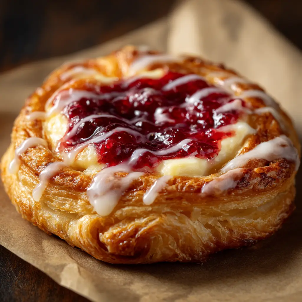 A close-up macro shot of a single Raspberry Cheesecake Danish, highlighting the flaky layers of the golden-brown puff pastry and the creamy filling.