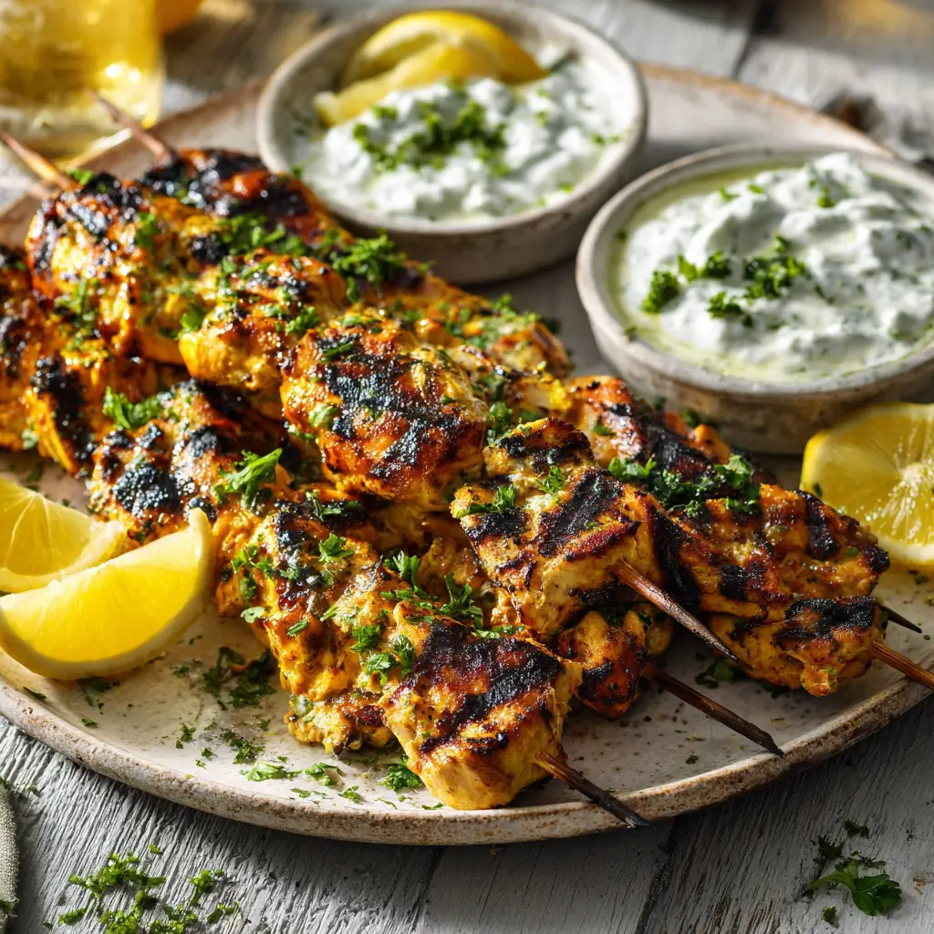 Perfectly grilled Greek chicken skewers, showcasing a beautiful char and fresh parsley garnish, after being marinated in a lemon herb mixture.
