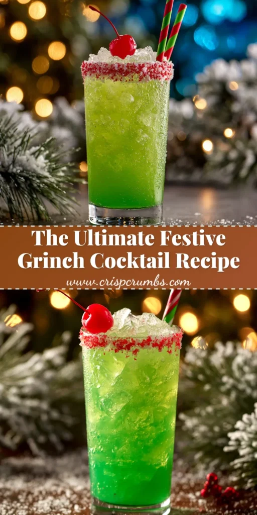 A vibrant green Grinch Cocktail in a coupe glass with a red sugar rim and a cherry 'heart' garnish, ready for a holiday party.