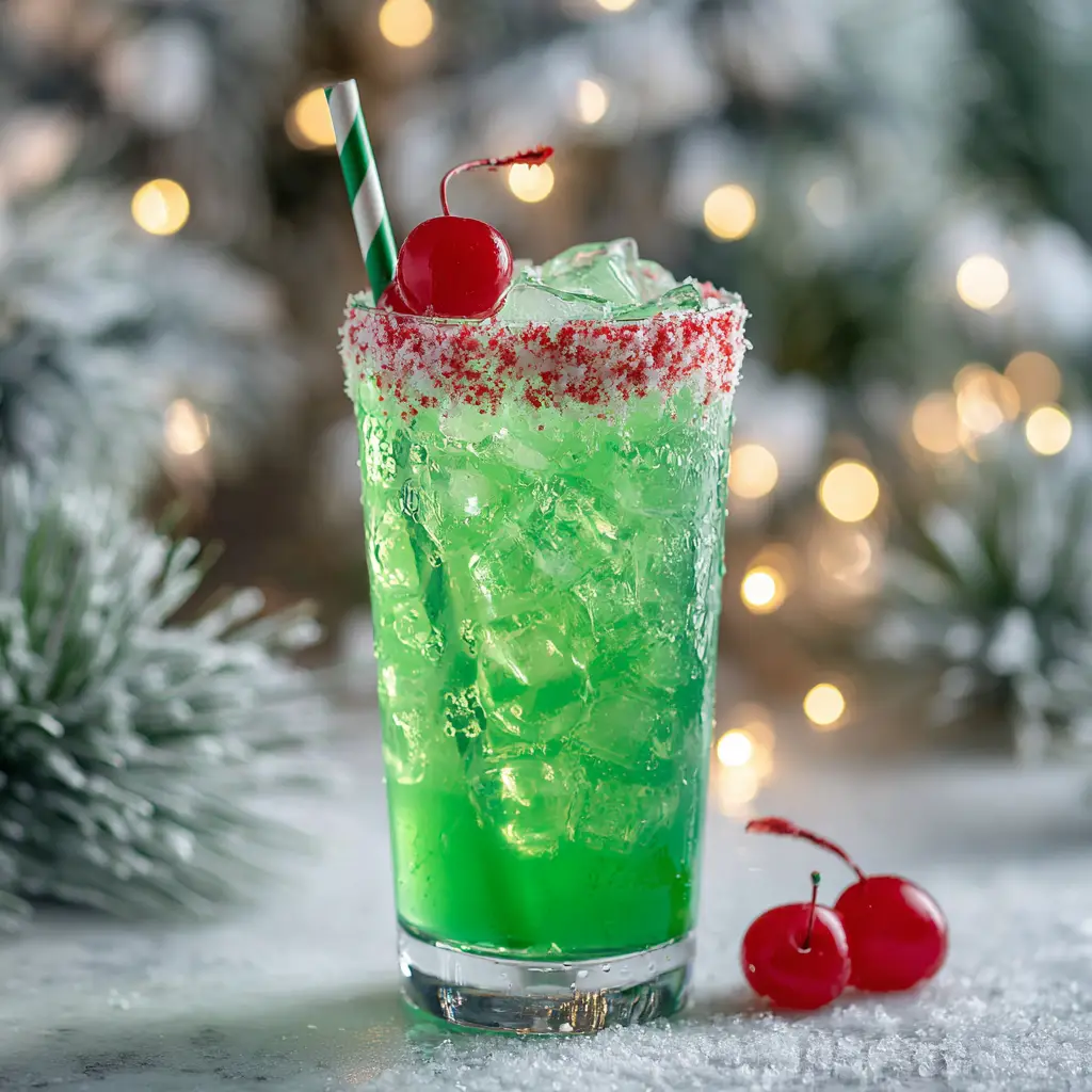 A collection of ingredients for the Grinch Cocktail, including melon liqueur, rum, pineapple juice, and a maraschino cherry, ready for mixing.