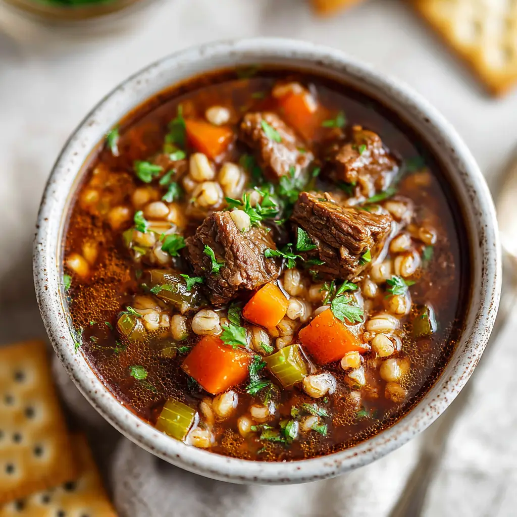 An overhead view of a rustic table setting with a large pot of homemade beef barley soup, showcasing the rich broth and colorful vegetables.