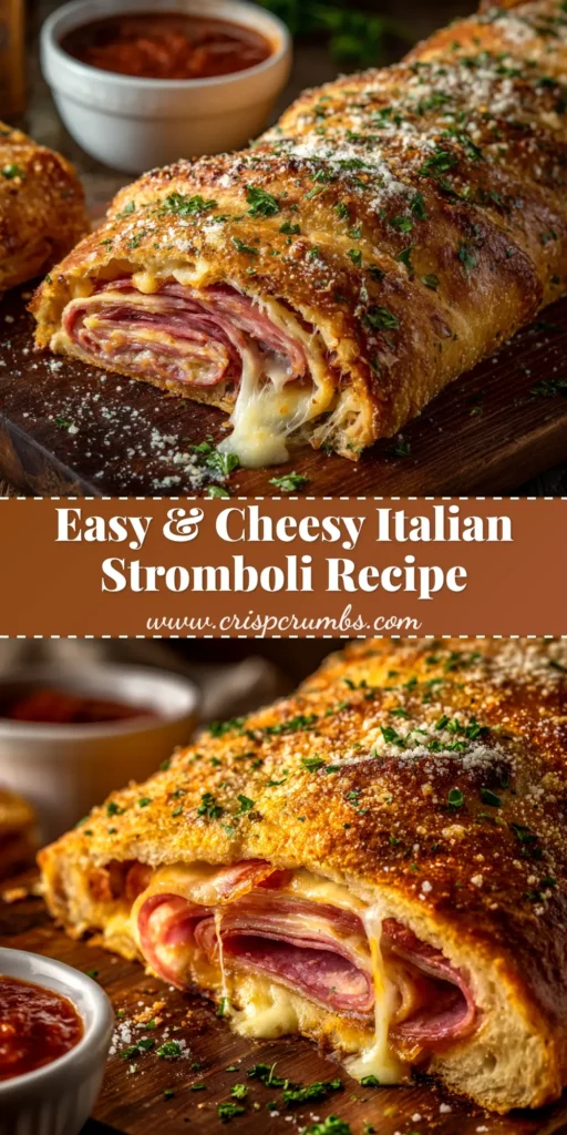 A golden brown, perfectly baked Italian stromboli recipe sliced on a wooden board, revealing layers of melted cheese, pepperoni, and salami.
