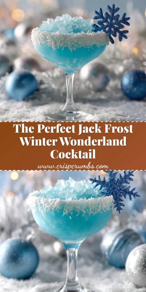 A vibrant blue Jack Frost Cocktail in a coupe glass with a festive coconut rim, garnished with a snowflake. The perfect winter wonderland cocktail recipe.